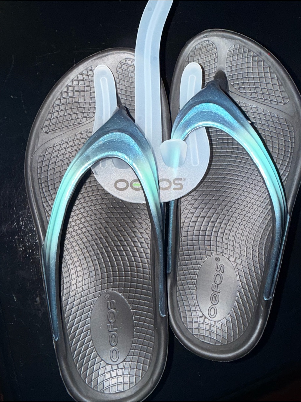 OOFOS LUX Women's Black Sandals with Teal Gradient Straps